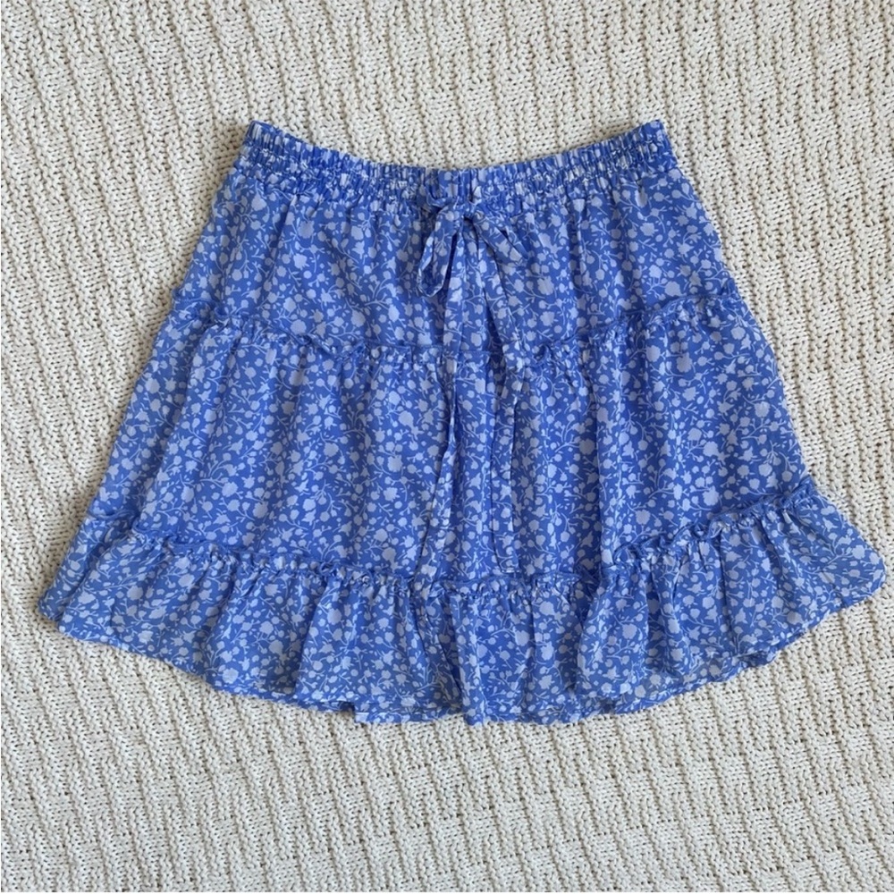 SIENNA SKY Floral Mini Skirt Ruffle Layered | Blue & White | Size: S | women
